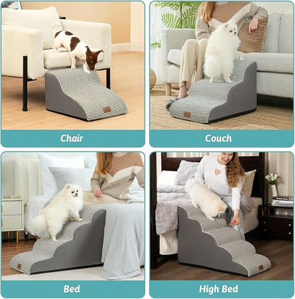 Dog Stairs for Small Dogs 19.7" H, Curved Dog Step for Puppy, Older or Cat, Medium Pet Ramp for Sofa, Couch or Bed, Ladder with High Density Foam, 15.7x28.3x19.7 inch, 4 Step, White Black