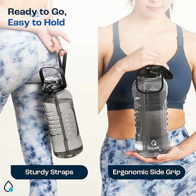 AQUAFIT 64 oz Water Bottle with Time Marker - 2in1 Straw &amp; Chug Lid - BPA Free Big Water Bottle with Straw - Gym Water Bottle with Strap - Water Jug (64 Ounces, Clarity)