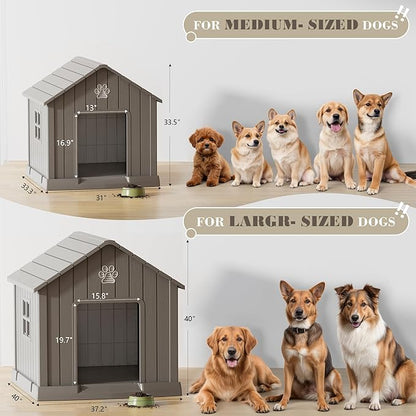 Large Dog House Outdoor Indoor for Medium Large Dogs, Durable Plastic Waterproof Doghouse with Air Vents and Elevated Floor, Easy Clean and Assemble (Grey, 31" L x 33.3" W x 33.5" H)
