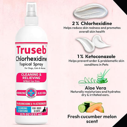 Truseb Topical Ketoconazole and Chlorhexidine Spray for Dogs, Cats, and Horses with Aloe - 8 oz (Ketoconazole &amp; Chlorhexidine Spray, 8 oz)