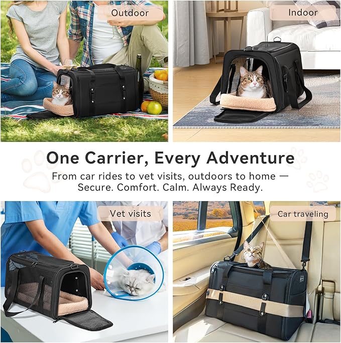 PETSFIT Soft-Sided Cat Carriers &amp; Car Seats with Patent Safe Buckles, Clip-On Harness, 18"x11"x11" Airline Approved Pet Carrier - 9 lbs Capacity (Black)