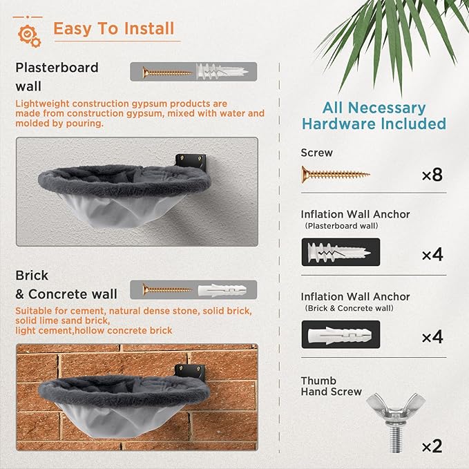 Cat Hammock Wall Mounted, Foldable &amp; Stable Cat Beds- Breathable Cats Wall Shelves for Sleeping, Playing, Climbing, and Lounging - Maximum Hold Up to 30lb（Gray,Faux Rabbit Fur）