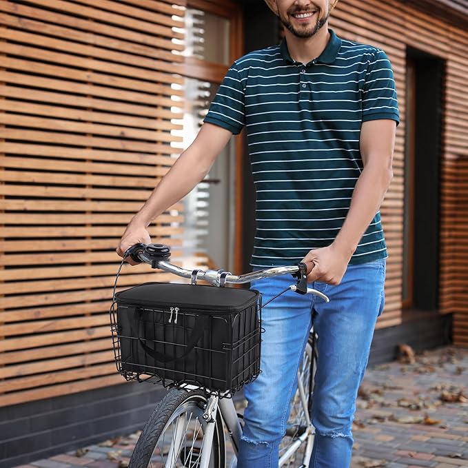 Aodaer Bike Basket with Removable Liner Bag Cargo Net Large Folding Bike Basket Quick Release Metal Ebike Basket Bicycle Storage Basket for Carrying Fruit &amp; Grocery Pets Dogs