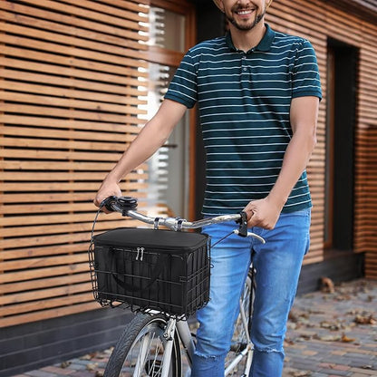 Aodaer Bike Basket with Removable Liner Bag Cargo Net Large Folding Bike Basket Quick Release Metal Ebike Basket Bicycle Storage Basket for Carrying Fruit &amp; Grocery Pets Dogs