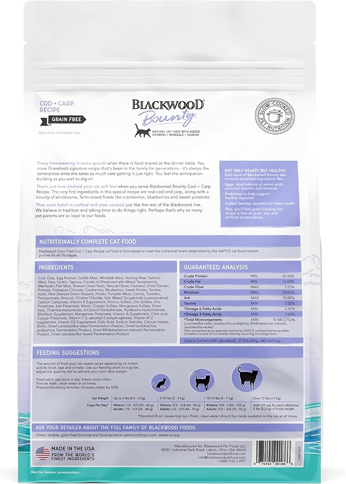Blackwood Bounty Dry Cat Food, Cod &amp; Carp Recipe for All Life Stages, 10 Pound Bag, High Protein, Grain Free