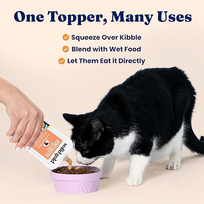 Solid Gold Bone Broth Cat Food Topper - Limited Ingredient Lickable Cat Broth Pouches w/Salmon Protein Shreds &amp; Collagen for Hydration &amp; Gut Support - Easy to Serve Gravy for Cats Meal Topper - 12ct