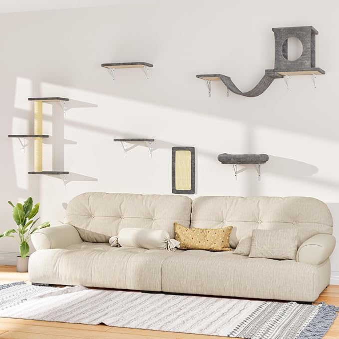 NUNU LAB Wall Mounted Cat Furniture, 6 Pcs Cat Wall Shelves with Condo House, Bridge, Steps, Scratcher, Hammock, Indoor Safe &amp; Stable Furniture for Kittens Play, Gray