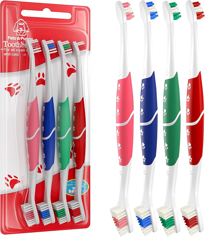 Pet Toothbrush for Dogs, Cats with Soft Bristles - Easy Teeth Cleaning &amp; Dental Care, Non Slip Dual Head Dog Toothbrush for Medium &amp; Large Pets, Toothpaste Not Included, Pack of 4(Multi)