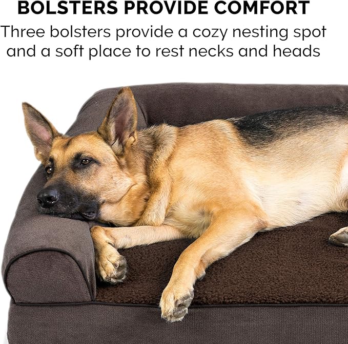 Furhaven Orthopedic Dog Bed for Large Dogs w/ Removable Bolsters &amp; Washable Cover, For Dogs Up to 95 lbs - Sherpa &amp; Chenille Sofa - Coffee, Jumbo/XL