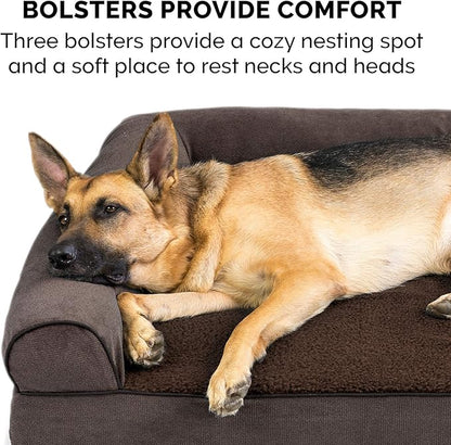 Furhaven Cooling Gel Dog Bed for Large Dogs w/ Removable Bolsters &amp; Washable Cover, For Dogs Up to 95 lbs - Sherpa &amp; Chenille Sofa - Coffee, Jumbo/XL