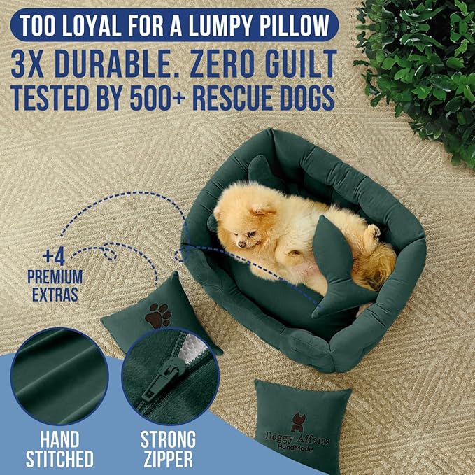 Luxury Dog Bed Chesterfield – Handcrafted Velvet Throne for Dogs | Joint Support, Calming &amp; Temp-Regulating Comfort | Durable 5+ Years, Anti-Claw, Washable 100+ Times – XS, Green
