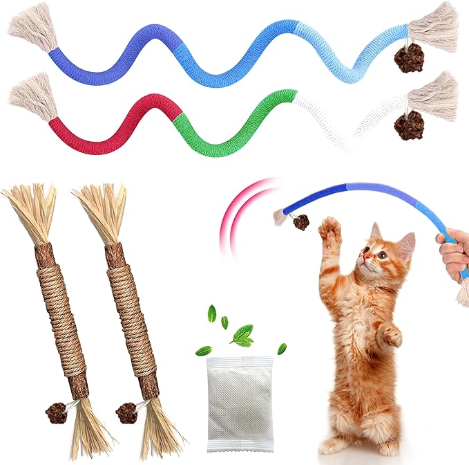 Cat Toys Chew Rope &amp; Silvervine Sticks for Bored Indoor Adult Cats, 4Pcs Interactive Catnip Toys for Cats with Refillable Natural Catnip Bag for Teeth Cleaning