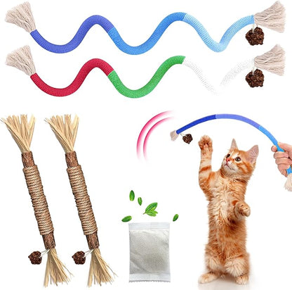 Cat Toys Chew Rope &amp; Silvervine Sticks for Bored Indoor Adult Cats, 4Pcs Interactive Catnip Toys for Cats with Refillable Natural Catnip Bag for Teeth Cleaning