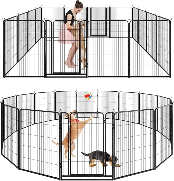 Dog Playpen Outdoor Extra Wide 16 Panels Heavy Duty Dog Fence 47" Height Anti-Rust with Doors Portable for RV Camping Yard, Total 42FT, 140 Sq.ft, Snowy Black