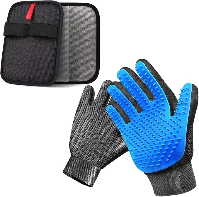 2-in-1 Pet Grooming Glove &amp; Fabric Hair Remover - Reusabie, Silicone Massage Bristles,Static Adhesion for Quiuck Shedding Control,Safe for Dogs &amp; Cats
