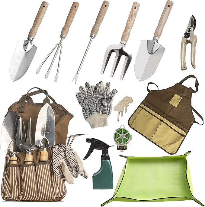 13-Piece Garden Tools Set with Tote Bag &amp; Apron, Repotting Mat - Stainless Steel Heavy Duty Planting Kit, Ergonomic Non-Slip Handles - Gardening Gift for Women, Mom, Home Gardeners