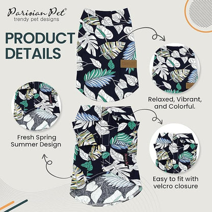Parisian Pet Palm Leaves Dog Shirt - 100%Cotton Summer Clothes - Stylish Beach Outfit - Hook and Loop Closure - Machine Washable - Small Dogs