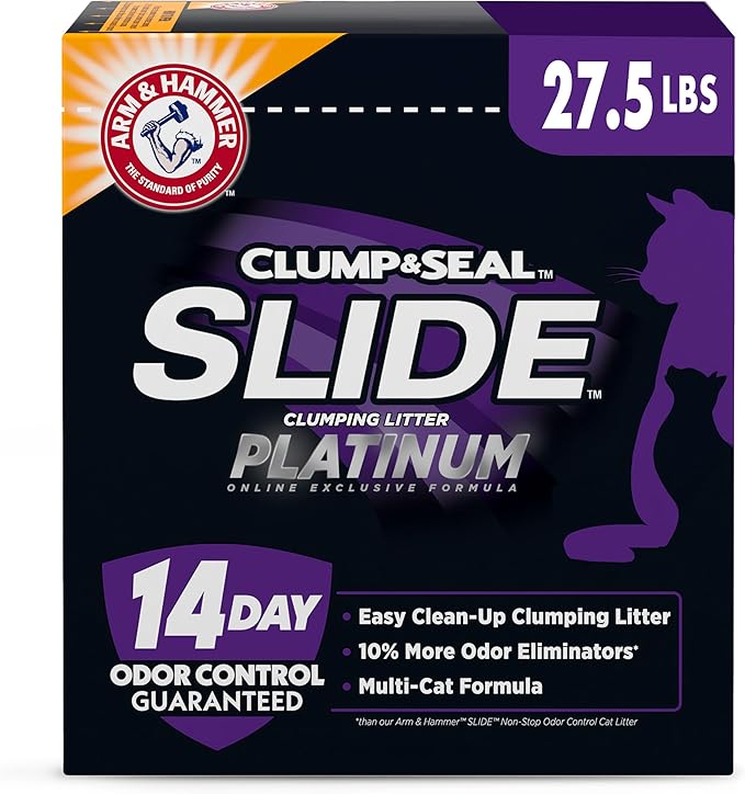 ARM &amp; HAMMER Clump &amp; Seal Slide Platinum Multi-Cat Clumping Litter, Easy Clean, Superior Odor Control, 27.5 Lbs