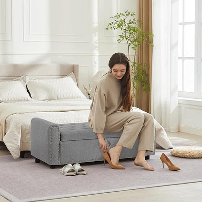 Ottoman with Storage, Tufted Storage Bench for Bedroom, 48" Fabrics End of Bed Bench, Upholstered Entryway Shoe Benches with Rolled Arm &amp; Inner Zipper, Window Ottomans Chest with Rivets, Drak Grey