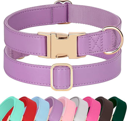 PET ARTIST PU Leather Dog Collar, Bright &amp; Stylish Purple Dog Collar Girl with Quick Release Gold Metal Buckle, Soft Nylon Padded Durable Pet Collars Adjustable for Medium Dogs, Neck Fit 13-19"