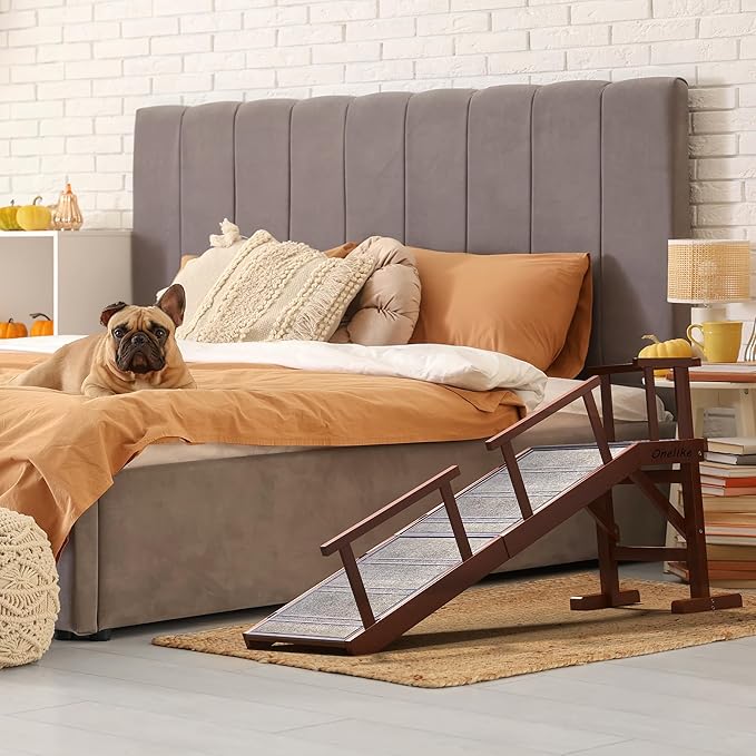 Onelike Wooden Dog Ramp for Bed with Removable Side Rail and Non-Slip Carpet, Stable Pet Ramp Stair for Couch Sofa for Small &amp; Large &amp; Senior Dogs, 60" Long Ramp Brown