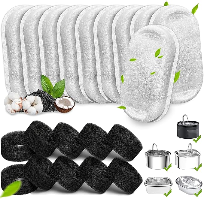 Cat Water Fountain Filters, 20Pack Cat Fountain Replacement Filters for Stainless Steel 108oz/3.2L&amp; 67oz/2L adjustable Water Flow Pet Water Fountain,Dog Water Fountain Filters（10 Filters&amp; 10 Sponges)