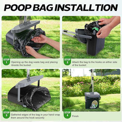 UPSKY Dog Pooper Scooper Swivel Bin &amp; Rake Kit with 100 Waste Bags,33.4" Stainless Steel Long Handle Heavy Duty Pet Poop Shovel for Large Medium Small Dogs, Odor-Proof Lid for Yard/Lawn/Outdoor Use