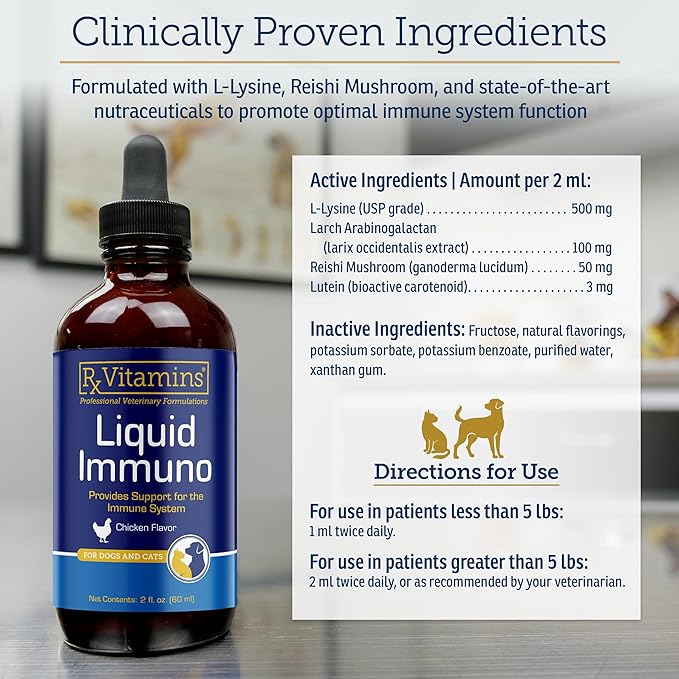 Rx Vitamins Liquid Immuno - with L-Lysine for Cats and Dog Health - Reishi Mushroom Supplement for Dogs &amp; Cat Immune Support - Vitamins for Dogs and Dog Eye Supplements with Lutein - Chicken (2oz)