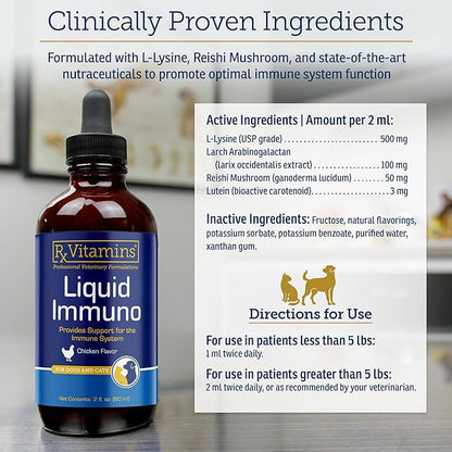 Rx Vitamins Liquid Immuno - with L-Lysine for Cats and Dog Health - Reishi Mushroom Supplement for Dogs &amp; Cat Immune Support - Vitamins for Dogs and Dog Eye Supplements with Lutein - Chicken (2oz)