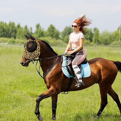 Horse Fly Mask with Ears - Comfort Fit, Durable &amp; Breathable, Easy to on/Off | UV Protection, Large Eye Space, Stretchy Leopard Print (2pcs Medium, Tangle-Free)