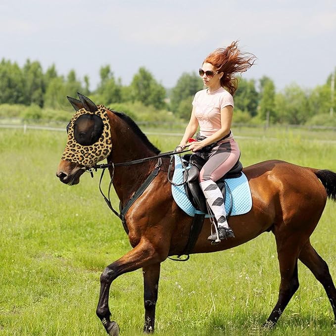 Horse Fly Mask with Ears - Comfort Fit, Durable &amp; Breathable, Easy to on/Off | UV Protection, Large Eye Space, Stretchy Leopard Print (2pcs Large, Tangle-Free)
