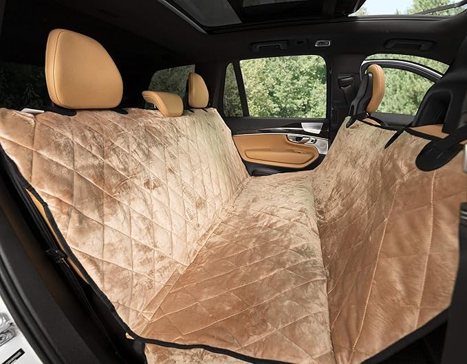 Plush Paws Products Velvet Rear Car Seat Protector w/Hammock | Washable &amp; Waterproof Back Seat Dog Cover for Car, Truck, &amp; SUV | Nonslip, Tear Resistant Pet Seat Cover | X-Large Desert Sand