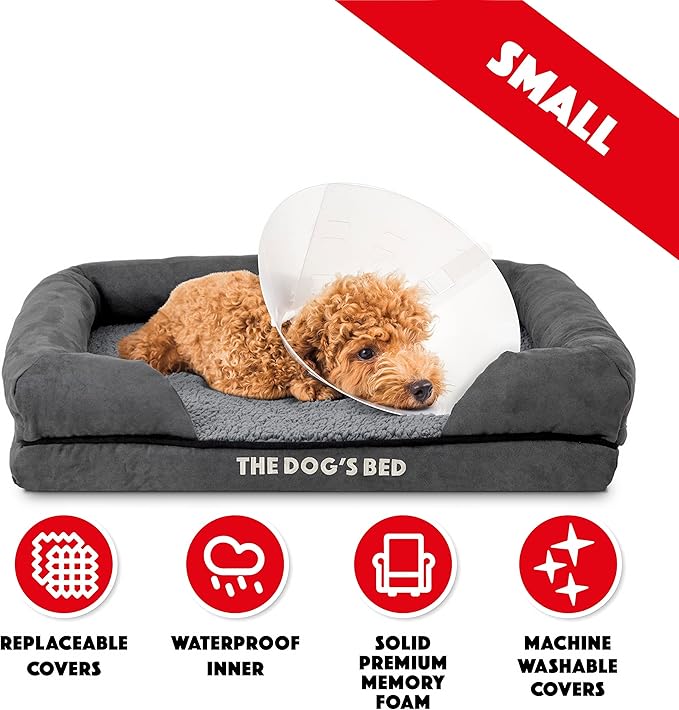 The Dog’s Bed, Small Plush Grey, Memory Foam, Pain Relief: Arthritis, Hip &amp; Elbow Dysplasia, Post Surgery, Lameness, Supportive, Calming, Waterproof Washable Cover, Veterinary Approved