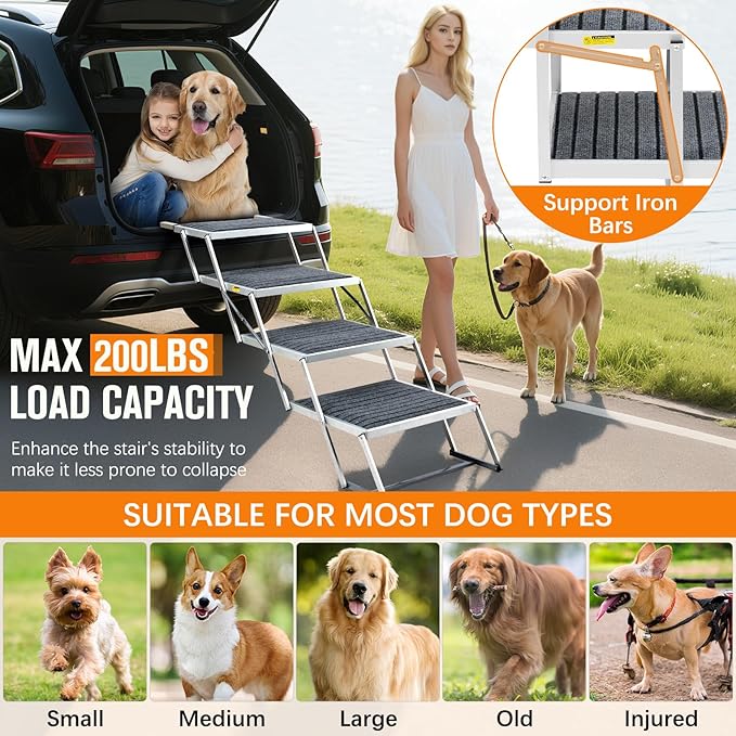 20" Extra Wide Dog Ramp, 4-Step Foldable Pet Stairs with Non-Slip Carpet - Lightweight Aluminum for SUV/Truck/Car &amp; High Beds - Supports Large Dogs up to 200Lbs