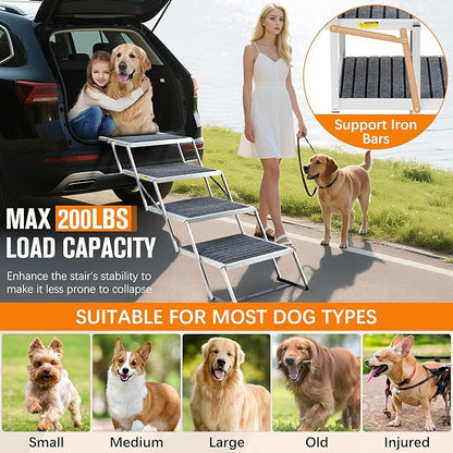 20" Extra Wide Dog Ramp, 4-Step Foldable Pet Stairs with Non-Slip Carpet - Lightweight Aluminum for SUV/Truck/Car &amp; High Beds - Supports Large Dogs up to 200Lbs