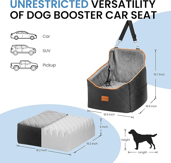 Dog Car Seat for Small Dogs - Puppy Car Seat with Safety Strap &amp; Waterproof Padding, Portable Pet Carrier for Cars, Trucks &amp; SUVs, Comfortable Elevated Bed for Pets Up to 35lbs (Black/Grey)