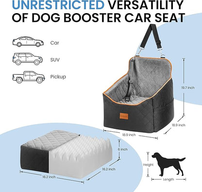 Dog Car Seat for Small Dogs - Puppy Car Seat with Safety Strap &amp; Waterproof Padding, Portable Pet Carrier for Cars, Trucks &amp; SUVs, Comfortable Elevated Bed for Pets Up to 35lbs (Black/Grey)