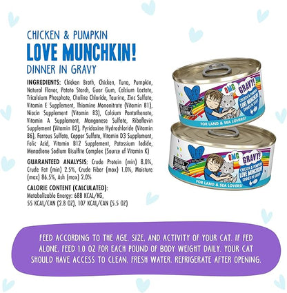 Weruva B.F.F. OMG - Best Feline Friend Oh My Gravy!, Love Munchkin! with Chicken &amp; Pumpkin in Gravy Cat Food, 5.5oz Can (Pack of 8)