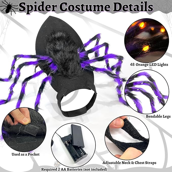 Light-Up Halloween Spider Dog Costume with Orange LED Lights, Purple &amp; Black Furry Spider Costumes for Pets, Funny Halloween Costume Outfit for Cosplay Party (XL)