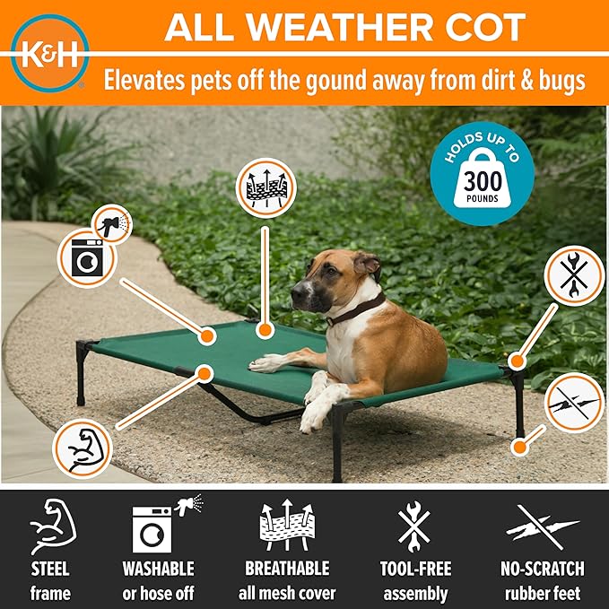 K&amp;H Pet Products Outdoor Elevated Dog Cot, Cooling Raised Bed with Waterproof Breathable Mesh for Large Dogs, Portable Pet Bed with Heavy-Duty Metal Frame, Oversized Hammock Style - Extra-Large Green