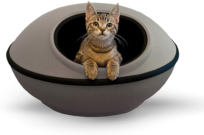 K&amp;H Pet Products Unheated Kitty Mod Dream Pod Cat Bed for Large Cats or Small Dogs, Indoor Covered Privacy Cave, Collapsible, Easy Clean Washable Cushion - Unheated Round 22in Gray/Black
