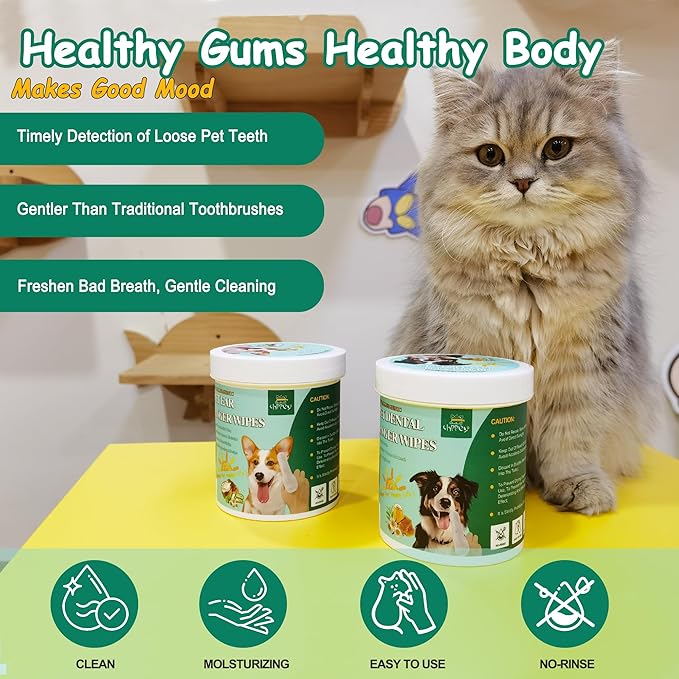 60 Count Dog Dental Wipes - Teeth Cleaning Finger Wipes for Dogs &amp; Cats, Hypoallergenic Dog Toothbrush Finger Dental Wipes to Remove Plaque &amp; Tartar, Freshen Bad Breath, Gentle Cleaning(4.7″*1.7″)