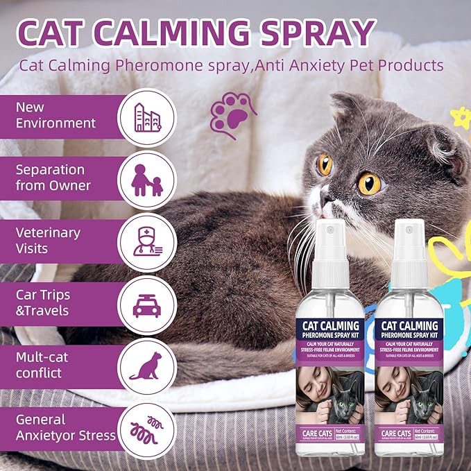 Cat Calming Pheromone Spray Kit Feline Calm Pheromones Vet Recommended Drug-Free Anxiety Relief for Multi-Cat Homes,Stops Scratching &amp; Urine Marking,60-Day Supply | Drug-Free (2 * 60 mL)