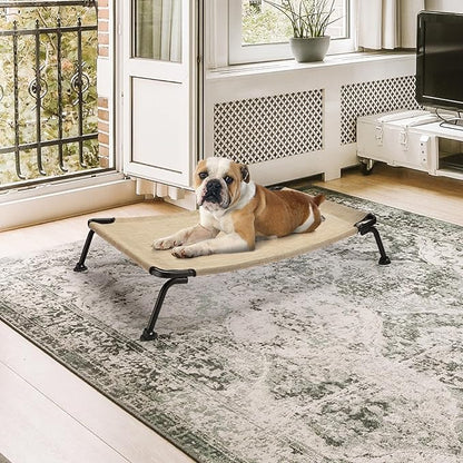 Veehoo Outdoor Elevated Dog Bed, Cooling Raised Dog Cots Beds for Medium Dogs, Portable Waterproof Curved Dogs Hammock Bed for Outside, up to 100lbs, Black Legs, Beige 32"