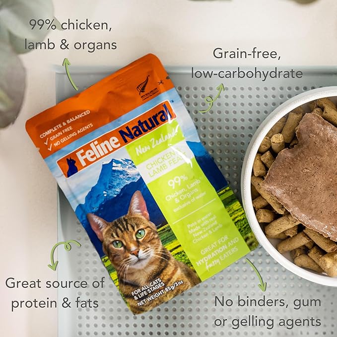 Feline Natural Wet Cat Food Pouch - Chicken &amp; Lamb Feast, Grain-Free, Cage-Free &amp; Grass-Fed, New Zealand Made, Single Serve Pate, 3oz, 12 Pack