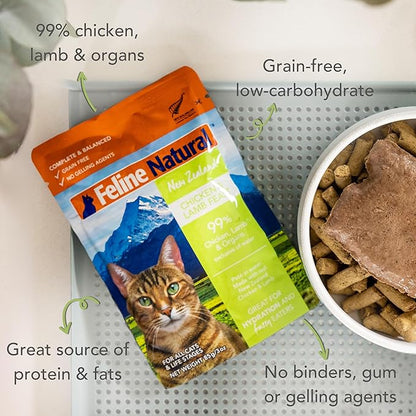Feline Natural Wet Cat Food Pouch - Chicken &amp; Lamb Feast, Grain-Free, Cage-Free &amp; Grass-Fed, New Zealand Made, Single Serve Pate, 3oz, 12 Pack