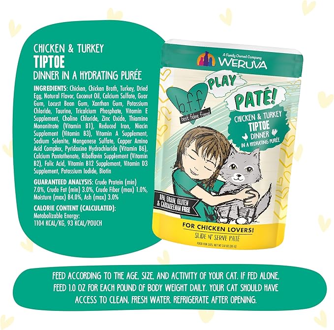 B.F.F. PLAY - Best Feline Friend Paté Lovers, Aw Yeah!, Chicken &amp; Turkey Tiptoe with Chicken &amp; Turkey, 3oz Pouch (Pack of 12)