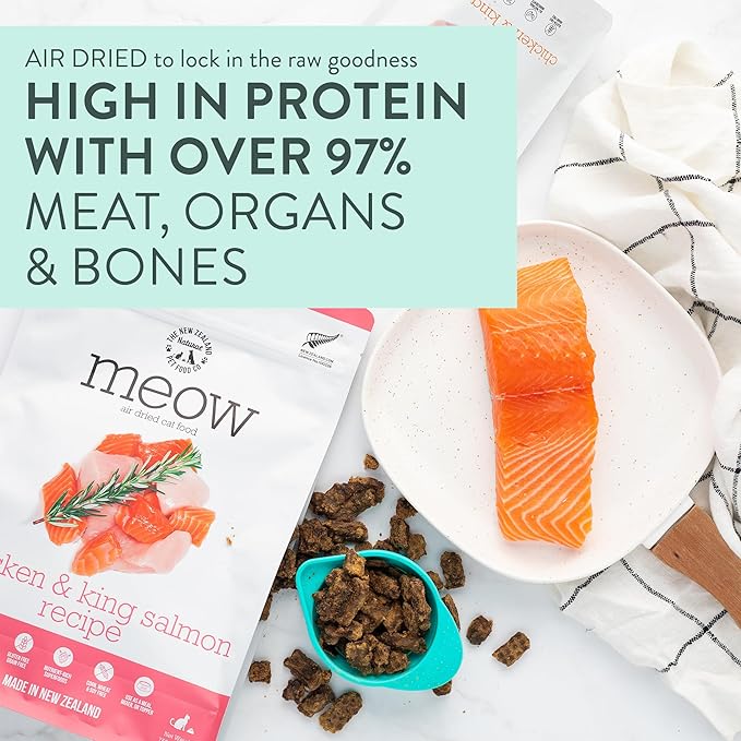 Meow Air Dried Cat Food - Chicken &amp; King Salmon Recipe, Dry Cat Food, High Protein Meals, Treats &amp; Toppers,26.5 oz