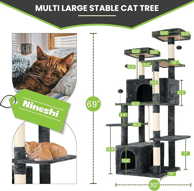69in Large Cat Tree Tower for Indoor Cats with Soft Plush Hang Ball, Two Condos, Sisal Scratch Posts &amp; Rope Play for Kittens/Adult Cats, Deep Grey