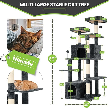 69in Large Cat Tree Tower for Indoor Cats with Soft Plush Hang Ball, Two Condos, Sisal Scratch Posts &amp; Rope Play for Kittens/Adult Cats, Deep Grey
